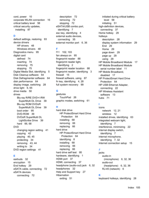 Page 115cord, power 10
corporate WLAN connection 16
critical battery level 58
critical security updates,
installing 87
D
default settings, restoring 93
device drivers
HP drivers 48
Windows drivers 48
Diagnostics menu 95
digital card
defined 74
inserting 74
removing 75
stopping 75
Digital Media Slot, identifying 5
Disk Cleanup software 64
Disk Defragmenter software 64
disk performance 64
display image, switching 28
drive light 6, 65
drive media 50
drives
Blu-ray R/RE DVD+/-RW
SuperMulti DL Drive 39
Blu-ray ROM...