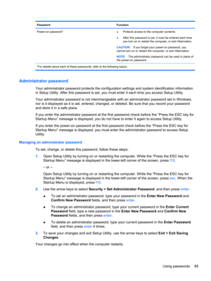 Page 95Password Function
Power-on password*
●Protects access to the computer contents.
●After this password is set, it must be entered each time
you turn on or restart the computer, or exit Hibernation.
CAUTION:If you forget your power-on password, you
cannot turn on or restart the computer, or exit Hibernation.
NOTE:The administrator password can be used in place of
the power-on password.
*For details about each of these passwords, refer to the following topics.
Administrator password
Your administrator...