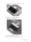 Page 779.Lift the hard drive cover up at an angle and remove it from the computer (2).
10.Disconnect the hard drive cable from the system board (1).
11.Lift the hard drive out of the hard drive bay (2).
12.Disconnect the hard drive cable from the hard drive (1).
13.Remove the screws (2) that secure the protective cover to the hard drive.
Replacing the hard drive 67 