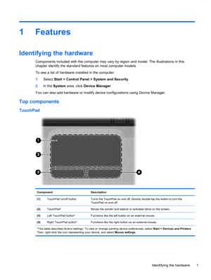 Page 111Features
Identifying the hardware
Components included with the computer may vary by region and model. The illustrations in this
chapter identify the standard features on most computer models.
To see a list of hardware installed in the computer:
1.Select Start > Control Panel > System and Security.
2.In the System area, click Device Manager.
You can also add hardware or modify device configurations using Device Manager.
Top components
TouchPad
Component Description
(1)TouchPad on/off button Turns the...