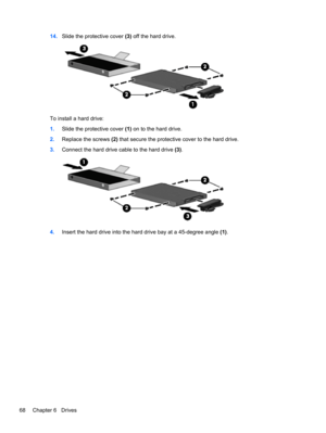 Page 7814.Slide the protective cover (3) off the hard drive.
To install a hard drive:
1.Slide the protective cover (1) on to the hard drive.
2.Replace the screws (2) that secure the protective cover to the hard drive.
3.Connect the hard drive cable to the hard drive (3).
4.Insert the hard drive into the hard drive bay at a 45-degree angle (1).
68 Chapter 6   Drives 