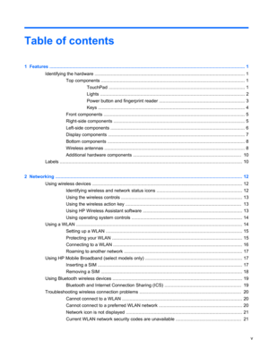 Page 5Table of contents
1  Features ........................................................................................................................................................... 1
Identifying the hardware ....................................................................................................................... 1
Top components .................................................................................................................. 1
TouchPad...
