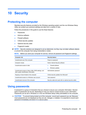 Page 9310 Security
Protecting the computer
Standard security features provided by the Windows operating system and the non-Windows Setup
Utility can protect your personal settings and data from a variety of risks.
Follow the procedures in this guide to use the these features:
●Passwords
●Antivirus software
●Firewall software
●Critical security updates
●Optional security cable
●Fingerprint reader
NOTE:Security solutions are designed to act as deterrents, but they may not deter software attacks
or prevent the...