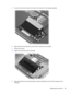 Page 795.Connect the hard drive cable to the hard drive connector on the system board (2).
6.Align the tabs on the hard drive cover with the notches on the computer.
7.Close the cover (1).
8.Tighten the hard drive cover screws (2).
9.Align the tabs (1) on the memory/wireless module compartment cover with the notches on the
computer.
Replacing the hard drive 69 