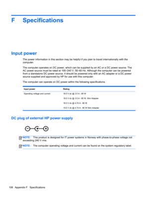 Page 116F Specifications
Input power
The power information in this section may be helpful if you plan to travel internationally with the
computer.
The computer operates on DC power, which can be supplied by an AC or a DC power source. The
AC power source must be rated at 100–240 V, 50–60 Hz. Although the computer can be powered
from a standalone DC power source, it should be powered only with an AC adapter or a DC power
source supplied and approved by HP for use with this computer.
The computer can operate on DC...