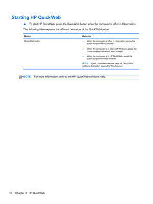 Page 26Starting HP QuickWeb
▲To start HP QuickWeb, press the QuickWeb button when the computer is off or in Hibernation.
The following table explains the different behaviors of the QuickWeb button.
Button Behavior
QuickWeb button
●When the computer is off or in Hibernation, press the
button to open HP QuickWeb.
●When the computer is in Microsoft Windows, press the
button to open the default Web browser.
●When the computer is in HP QuickWeb, press the
button to open the Web browser.
NOTE:If your computer does...