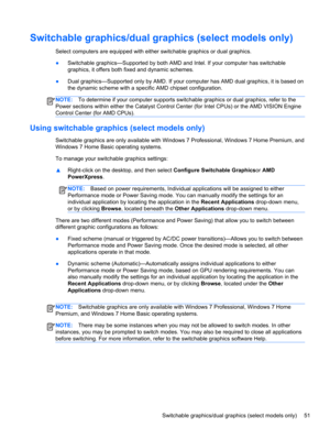 Page 61Switchable graphics/dual graphics (select models only)
Select computers are equipped with either switchable graphics or dual graphics.
●Switchable graphics—Supported by both AMD and Intel. If your computer has switchable
graphics, it offers both fixed and dynamic schemes.
●Dual graphics—Supported only by AMD. If your computer has AMD dual graphics, it is based on
the dynamic scheme with a specific AMD chipset configuration.
NOTE:To determine if your computer supports switchable graphics or dual graphics,...