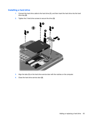Page 73Installing a hard drive
1.Connect the hard drive cable to the hard drive (1), and then insert the hard drive into the hard
drive bay (2).
2.Tighten the 3 hard drive screws to secure the drive (3).
3.Align the tabs (1) on the hard drive service door with the notches on the computer.
4.Close the hard drive service door (2).
Adding or replacing a hard drive 63 