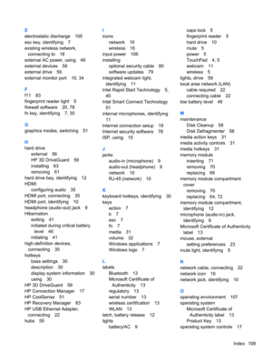 Page 119E
electrostatic discharge 105
esc key, identifying 7
existing wireless network,
connecting to 18
external AC power, using 49
external devices 56
external drive 56
external monitor port 10, 34
F
f11 83
fingerprint reader light 5
firewall software 20, 78
fn key, identifying 7, 30
G
graphics modes, switching 51
H
hard drive
external 56
HP 3D DriveGuard 59
installing 63
removing 61
hard drive bay, identifying 12
HDMI
configuring audio 35
HDMI port, connecting 35
HDMI port, identifying 10
headphone...