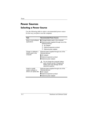 Page 563–2 Hardware and Software Guide
Powe r
Power Sources
Selecting a Power Source
Use the following table to select a recommended power source 
for the way you plan to use the computer.
Ta s kRecommended Power Source
Work in most software 
applications■Charged battery pack in the computer
■External power supplied through one of the 
following devices:
❐AC adapter
❐Optional expansion product
❐Optional power adapter
Charge or calibrate a 
battery pack in the 
computerExternal power supplied through one of the...