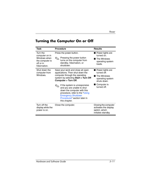 Page 65Powe r
Hardware and Software Guide 3–11
Turning the Computer On or Off
Ta s kProcedureResults
Turn the 
computer on in 
Windows when 
the computer is 
off or in 
hibernation.Press the power button.
✎Pressing the power button 
turns on the computer from 
standby, hibernation, or 
shutdown.
■Power lights are 
turned
 on.
■The Windows 
operating system 
loads.
Shut down the 
computer from 
Windows.Save your work and close all open 
applications. Then shut down the 
computer through the operating 
system by...