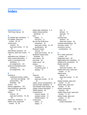 Page 143Index
Symbols/Numerics
1394 Power Saving 84
A
AC adapter light, identifying 11
AC adapter, spare part
number 25,  26
access doors
contents 22
spare part number 21,  22, 
30
administrator password 84
antennas, spare part number 17, 
30
applications key, Windows 7
audio, product description 2
audio-in (microphone) jack
identifying 11
pin assignments 123
audio-out (headphone) jack
identifying 11
pin assignments 123
B
backing up
customized window, toolbar,
and menu bar settings 120
personal files 120...