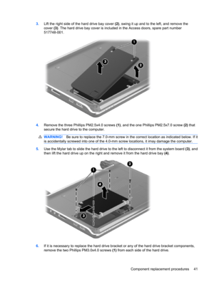 Page 493.Lift the right side of the hard drive bay cover (2), swing it up and to the left, and remove the
cover (3). The hard drive bay cover is included in the Access doors, spare part number
517748-001.
4.Remove the three Phillips PM2.5x4.0 screws (1), and the one Phillips PM2.5x7.0 screw (2) that
secure the hard drive to the computer.
WARNING!Be sure to replace the 7.0-mm screw in the correct location as indicated below. If it
is accidentally screwed into one of the 4.0-mm screw locations, it imay damage the...