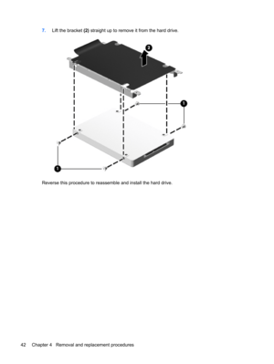 Page 507.Lift the bracket (2) straight up to remove it from the hard drive.
Reverse this procedure to reassemble and install the hard drive.
42 Chapter 4   Removal and replacement procedures 