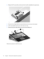 Page 624.Release the ZIF connector (1), and disconnect the TouchPad cable (2) from the system board.
5.Remove the five Phillips PM2.5x5.0 screws (1) that secure the top cover to the computer.
6.Lift the rear edge (2) of the top cover until it rests at an angle.
7.Remove the top cover (3) by lifting it up from the back and sliding it out.
Reverse this procedure to install the top cover.
54 Chapter 4   Removal and replacement procedures 