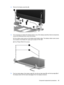 Page 774.Remove the display assembly (3).
5.If it is necessary to replace the display bezel or any of the display assembly internal components,
remove the following screw covers and screws:
(1) Two rubber screw covers on the display bezel bottom edge. The display rubber screw covers
are included in the Rubber Kit, spare part number 517761-001.
(2) Two Phillips PM2.0×5.0 screws.
6.Flex the inside edges of the bottom edge (1), the left and right sides (2), and the top edge (3) of
the display bezel until the bezel...