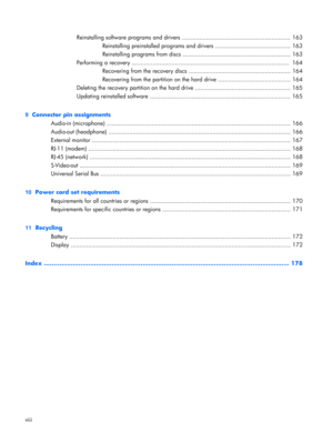 Page 8Reinstalling software programs and drivers ............................................................... 163
Reinstalling preinstalled programs and drivers ........................................... 163
Reinstalling programs from discs .............................................................. 163
Performing a recovery ...........................................................................................  164
Recovering from the recovery discs...
