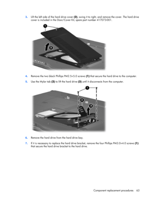 Page 713.Lift the left side of the hard drive cover (2), swing it to right, and remove the cover. The hard drive
cover is included in the Door/Cover Kit, spare part number 417073-001.
4.Remove the two black Phillips PM2.5×5.0 screws (1) that secure the hard drive to the computer.
5.Use the Mylar tab (2) to lift the hard drive (3) until it disconnects from the computer.
6.Remove the hard drive from the hard drive bay.
7.If it is necessary to replace the hard drive bracket, remove the four Phillips PM3.0×4.0...