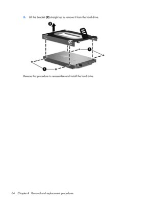 Page 728.Lift the bracket (2) straight up to remove it from the hard drive.
Reverse this procedure to reassemble and install the hard drive.
64 Chapter 4   Removal and replacement procedures 