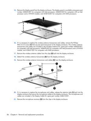 Page 9415.Remove the display panel from the display enclosure. The display panel is available using spare part
number 448602-001 for computers with Intel processors, 448602-002 for computers with an Intel
processor and a WWAN module, and 455810-001 for computers with AMD processors.
16.If it is necessary to replace the wireless antenna transceivers and cables, remove the Phillips
PM2.5×4.0 screw (1) that secures each transceiver to the display enclosure. The wireless antenna
transceivers and cables are included...