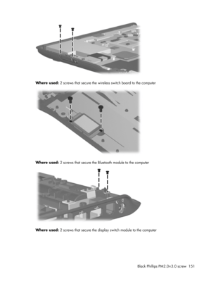 Page 159Where used: 2 screws that secure the wireless switch board to the computer
Where used: 2 screws that secure the Bluetooth module to the computer
Where used: 2 screws that secure the display switch module to the computer
Black Phillips PM2.0×3.0 screw 151 