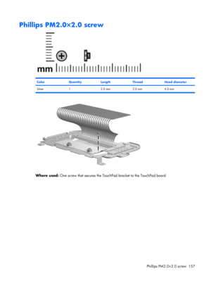 Page 165Phillips PM2.0×2.0 screw
ColorQuantityLengthThreadHead diameter
Silver 1 2.0 mm 2.0 mm 4.0 mm
Where used: One screw that secures the TouchPad bracket to the TouchPad board
Phillips PM2.0×2.0 screw 157 