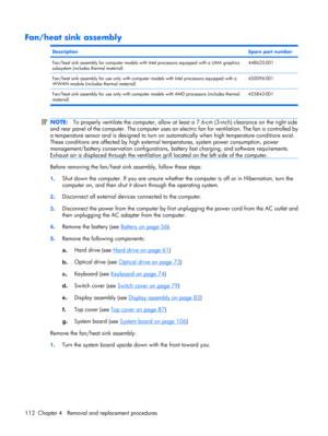Page 120Fan/heat sink assembly
DescriptionSpare part number
Fan/heat sink assembly for computer models with Intel processors equipped with a UMA graphics
subsystem (includes thermal material)448625-001
Fan/heat sink assembly for use only with computer models with Intel processors equipped with a
WWAN module (includes thermal material)450096-001
Fan/heat sink assembly for use only with computer models with AMD processors (includes thermal
material)455843-001
NOTE:To properly ventilate the computer, allow at least...
