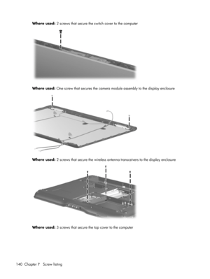 Page 148Where used: 2 screws that secure the switch cover to the computer
Where used: One screw that secures the camera module assembly to the display enclosure
Where used: 2 screws that secure the wireless antenna transceivers to the display enclosure
Where used: 3 screws that secure the top cover to the computer
140 Chapter 7   Screw listing 