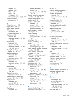 Page 187monitor 167
network 168
RJ-11 168
RJ-45 168
S-Video-out 169
Universal Serial Bus (USB) 169
connectors, service
considerations 49
D
Diagnostics menu 120
Digital Media Slot 15
Digital Media Slot light 15
diskette drive
precautions 49
product description 4
display assembly
removal 82
spare part numbers 19,  40, 
42,  82
display bezel
illustrated 30
release 57,  59
spare part numbers 30,  40, 
42,  58,  60,  84
Display Cable Kit, spare part
number 31,  40,  45
display components
illustrated 30
recycling 172...