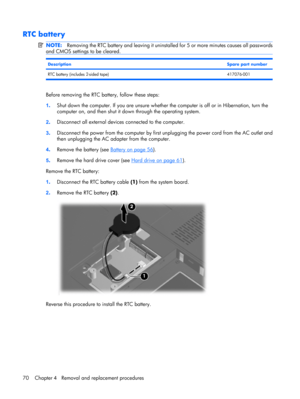 Page 78RTC battery
NOTE:Removing the RTC battery and leaving it uninstalled for 5 or more minutes causes all passwords
and CMOS settings to be cleared.
DescriptionSpare part number
RTC battery (includes 2-sided tape) 417076-001
Before removing the RTC battery, follow these steps:
1.Shut down the computer. If you are unsure whether the computer is off or in Hibernation, turn the
computer on, and then shut it down through the operating system.
2.Disconnect all external devices connected to the computer....