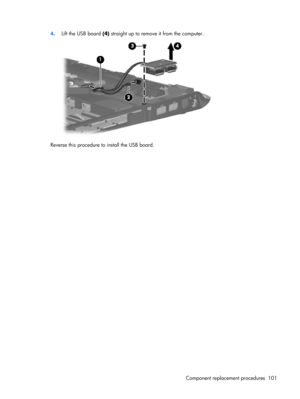 Page 1094.Lift the USB board (4) straight up to remove it from the computer.
Reverse this procedure to install the USB board.
Component replacement procedures 101 