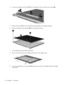 Page 1824.Disconnect all display panel cables (1) from the display inverter and remove the inverter (2).
5.Remove all screws (1) that secure the display panel assembly to the display enclosure.
6.Remove the display panel assembly (2) from the display enclosure.
7.Turn the display panel assembly upside down.
8.Remove all screws that secure the display panel frame to the display panel.
9.Use a sharp-edged tool to cut the tape (1) that secures the sides of the display panel to the display
panel frame.
174 Chapter...