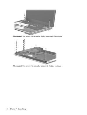 Page 92Where used: Two screws that secure the display assembly to the computer
Where used: Five screws that secure the top cover to the base enclosure
84 Chapter 7   Screw listing 