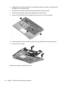 Page 586.Release the ZIF connector to which the TouchPad board cable is connected, and disconnect the
cable (2) from on the system board.
7.Disconnect the TouchPad on/off button board cable (3) from the system board.
8.Disconnect the fingerprint reader board cable (4) from the system board.
9.Remove the Phillips PM2.5×6.0 screw (5) that secures the top cover to the computer.
10.Lift the rear edge of the top cover (1) up until the top cover detaches from the base enclosure.
11.Remove the top cover (2).
Reverse...