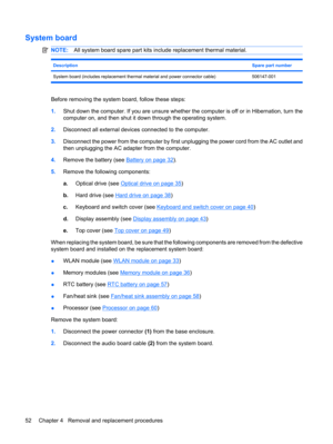 Page 60System board
NOTE:All system board spare part kits include replacement thermal material.
DescriptionSpare part number
System board (includes replacement thermal material and power connector cable) 506147-001
Before removing the system board, follow these steps:
1.Shut down the computer. If you are unsure whether the computer is off or in Hibernation, turn the
computer on, and then shut it down through the operating system.
2.Disconnect all external devices connected to the computer.
3.Disconnect the...