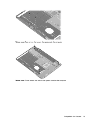 Page 87Where used: Two screws that secure the speakers to the computer
Where used: Three screws that secure the system board to the computer
Phillips PM2.5×4.0 screw 79 