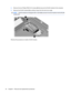 Page 424.Remove the two Phillips PM2.0×4.0 screws (2) that secure the WLAN module to the computer.
5.Remove the WLAN module (3) by pulling it away from the slot at an angle.
NOTE:WLAN modules are designed with a notch (4) to prevent incorrect insertion into the WLAN
module slot.
Reverse this procedure to install a WLAN module.
34 Chapter 4   Removal and replacement procedures 