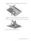 Page 613.Remove the three Phillips PM2.5×4.0 screws (3) that secure the system board to the base
enclosure.
4.Use the optical drive connector (1) to lift the left edge of the system board (2) until it rests at an
angle.
5.Remove the system board (3) from the base enclosure by sliding it up and to the left at an angle.
Reverse the preceding procedure to install the system board.
Component replacement procedures 53 