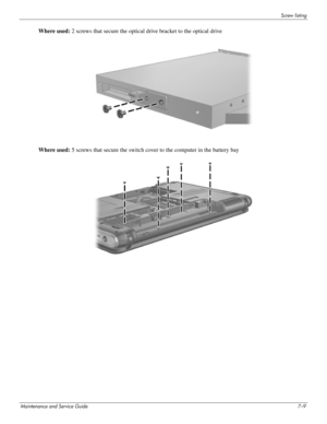 Page 124Screw listing
Maintenance and Service Guide7–9
Where used: 2 screws that secure the optical drive bracket to the optical drive
Where used: 5 screws that secure the switch cover to the computer in the battery bay 