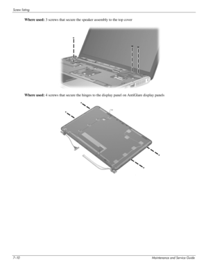 Page 1257–10Maintenance and Service Guide
Screw listing
Where used: 3 screws that secure the speaker assembly to the top cover
Where used: 4 screws that secure the hinges to the display panel on AntiGlare display panels 