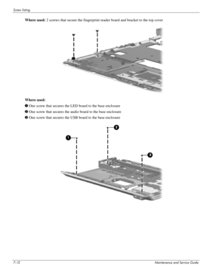 Page 1277–12Maintenance and Service Guide
Screw listing
Where used: 2 screws that secure the fingerprint reader board and bracket to the top cover
Where used:
1 One screw that secures the LED board to the base enclosure
2 One screw that secures the audio board to the base enclosure
3 One screw that secures the USB board to the base enclosure 