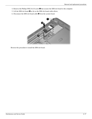 Page 62Removal and replacement procedures
Maintenance and Service Guide4–17
4. Remove the Phillips PM2.5×3.0 screw 1 that secures the SIM slot board to the computer.
5. Lift the SIM slot board 2 as far as the SIM slot board cable allows.
6. Disconnect the SIM slot board cable 3 from the system board.
Reverse this procedure to install the SIM slot board. 