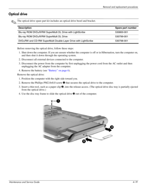 Page 64Removal and replacement procedures
Maintenance and Service Guide4–19
Optical drive
✎The optical drive spare part kit includes an optical drive bezel and bracket. 
Before removing the optical drive, follow these steps: 
1. Shut down the computer. If you are unsure whether the computer is off or in Hibernation, turn the computer on, 
and then shut it down through the operating system. 
2. Disconnect all external devices connected to the computer. 
3. Disconnect the power from the computer by first...