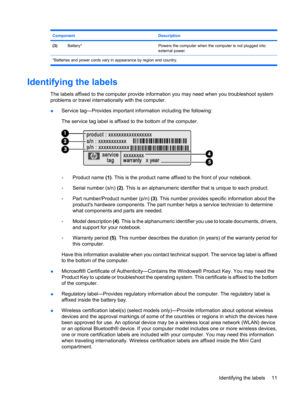 Page 21Component Description
(3)Battery*Powers the computer when the computer is not plugged into
external power.
*Batteries and power cords vary in appearance by region and country.
Identifying the labels
The labels affixed to the computer provide information you may need when you troubleshoot system
problems or travel internationally with the computer.
●Service tag—Provides important information including the following:
The service tag label is affixed to the bottom of the computer.
◦Product name (1). This is...