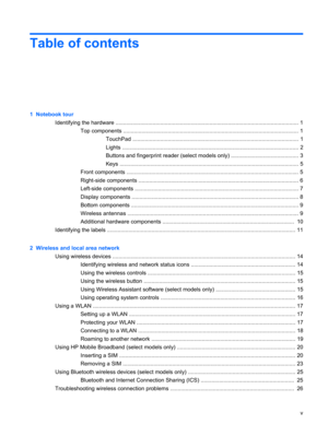 Page 5Table of contents
1  Notebook tour
Identifying the hardware ....................................................................................................................... 1
Top components .................................................................................................................. 1
TouchPad ............................................................................................................ 1
Lights...