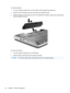 Page 74To insert the battery:
1.Turn the computer upside down on a flat surface, with the battery bay toward you.
2.Align the front of the battery with the outer edge of the battery bay (1).
3.Rotate the battery into the battery bay until it is seated (2). The battery release latch automatically
locks the battery into place.
To remove the battery:
1.Turn the computer upside down on a flat surface.
2.Slide the battery release latch (1) to release the battery.
NOTE:The battery release latch automatically returns...