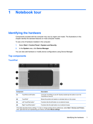 Page 111 Notebook tour
Identifying the hardware
Components included with the computer may vary by region and model. The illustrations in this
chapter identify the standard features on most computer models.
To see a list of hardware installed in the computer:
1.Select Start > Control Panel > System and Security.
2.In the System area, click Device Manager.
You can also add hardware or modify device configurations using Device Manager.
Top components
TouchPad
Component Description
(1)  TouchPad on/off button Turns...