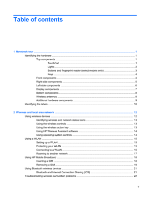 Page 5Table of contents
1  Notebook tour ................................................................................................................................................. 1
Identifying the hardware ....................................................................................................................... 1
Top components .................................................................................................................. 1
TouchPad...