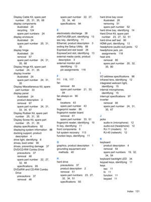 Page 139Display Cable Kit, spare part
number 25,  31,  35,  68
display components
illustrated 24
recycling 124
spare part numbers 24
display enclosure
illustrated 24
spare part number 25,  31, 
35
display hinge
illustrated 24
removal 67
spare part number 24,  31, 
35,  68
Display Hinge Kit, spare part
number 24,  31,  35
display inverter
illustrated 24
spare part number 24,  31, 
35
Display Miscellaneous Kit, spare
part number 33
display panel
illustrated 24
product description 2
removal 67
spare part number 24,...
