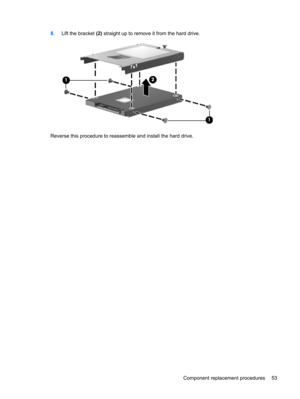 Page 618.Lift the bracket (2) straight up to remove it from the hard drive.
Reverse this procedure to reassemble and install the hard drive.
Component replacement procedures 53 